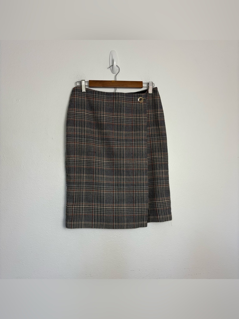 Calvin Klein Midi Wool Blend Minimalist Plaid Academia Faux Wrap Skirt Size 4